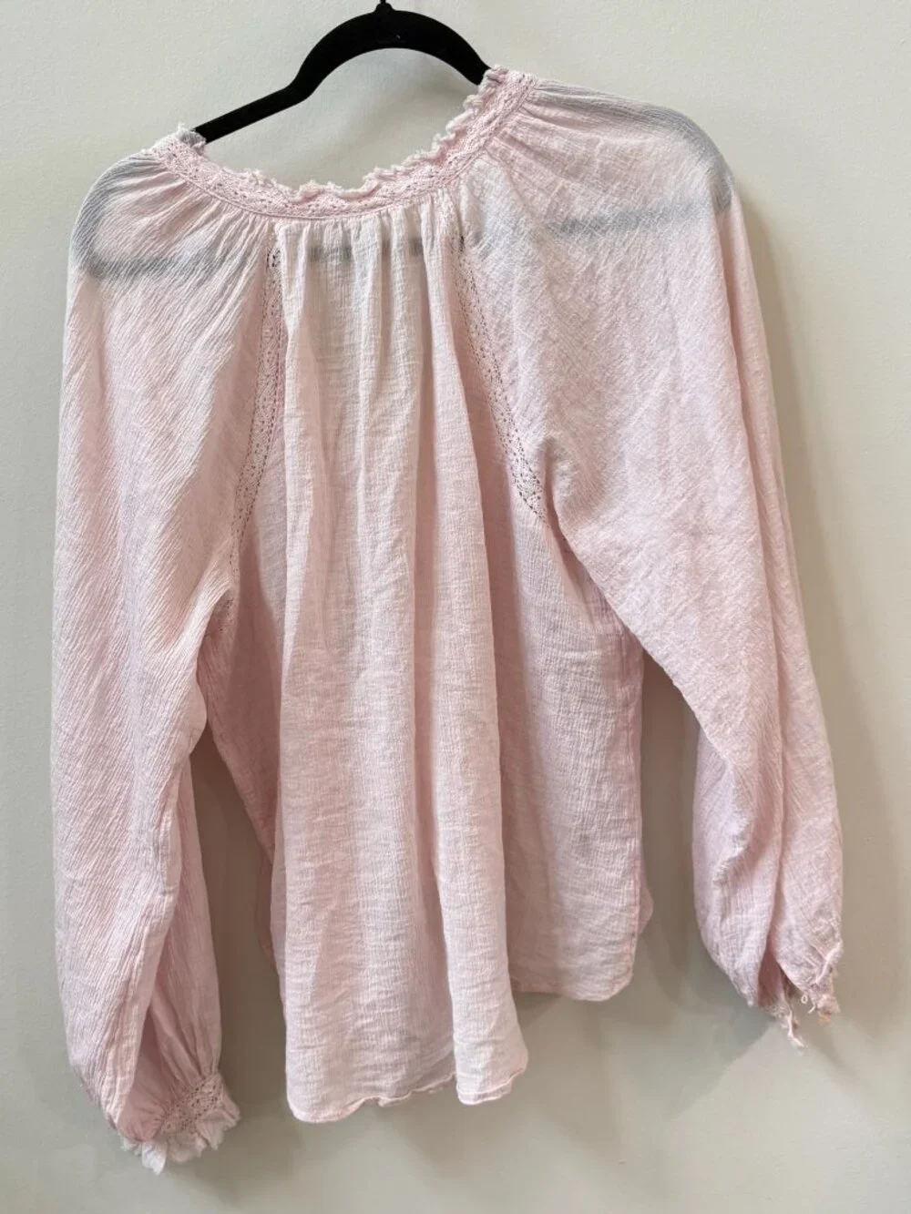 Free People Pale Pink Embroidered V-Neck Peasant Blouse